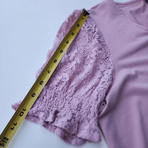 Adrianna Papell Pink Pullover Lace Short Sleeves Stretch Square Neck Top Shirt L - Picture 8 of 9